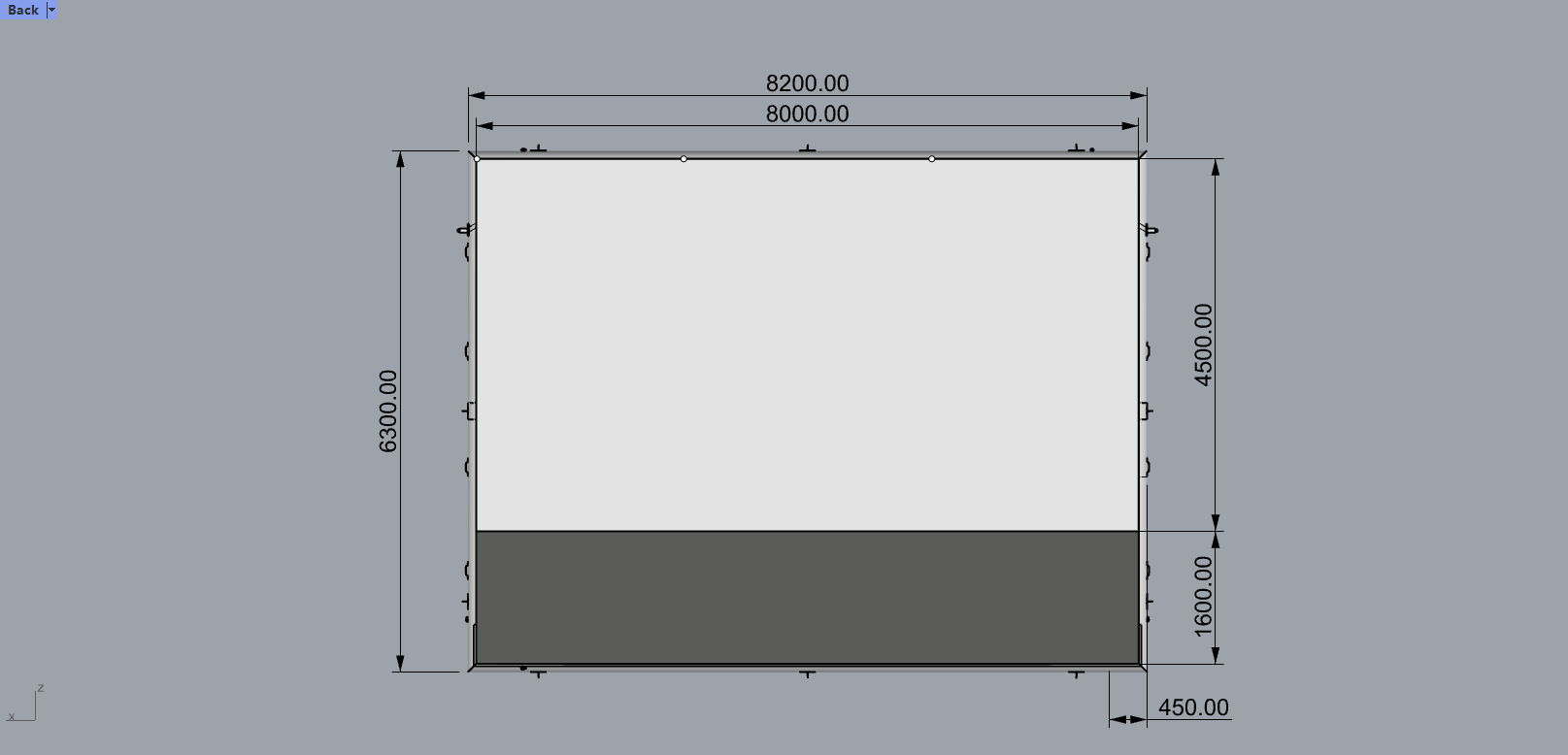 Plan technique d'un écran de projection montrant les dimensions détaillées : largeur 8200 mm, hauteur totale 6300 mm et zone basse de 1600 mm