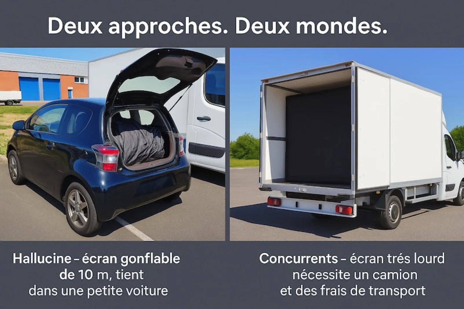 Écran gonflable Hallucine de 10 m dans le coffre d'une petite voiture, face à un écran concurrent nécessitant un camion