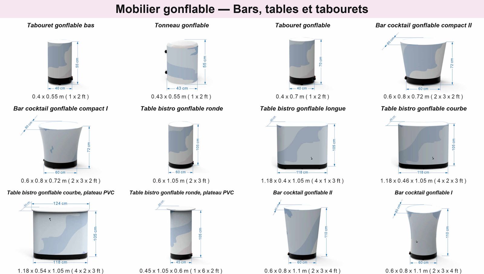 Planche des dimensions du mobilier gonflable Hallucine : tabourets, tonneau, bars cocktail et tables bistro, cotes en centimètres