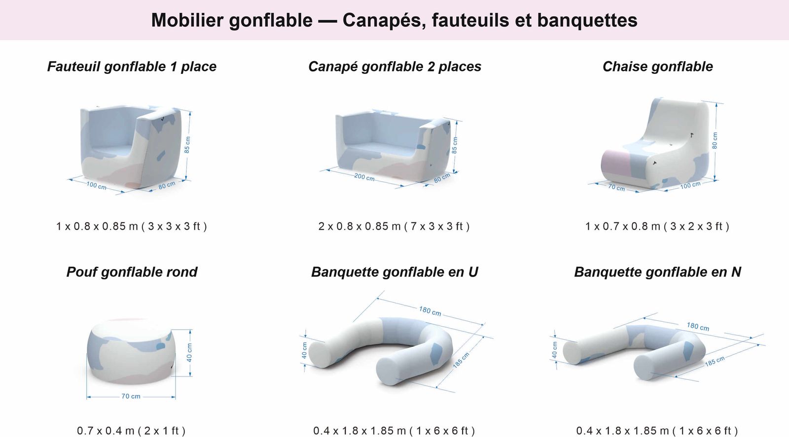 Planche des dimensions des assises gonflables Hallucine : fauteuil, canapé 2 places, chaise, pouf rond et banquettes en U et en N, cotes en centimètres