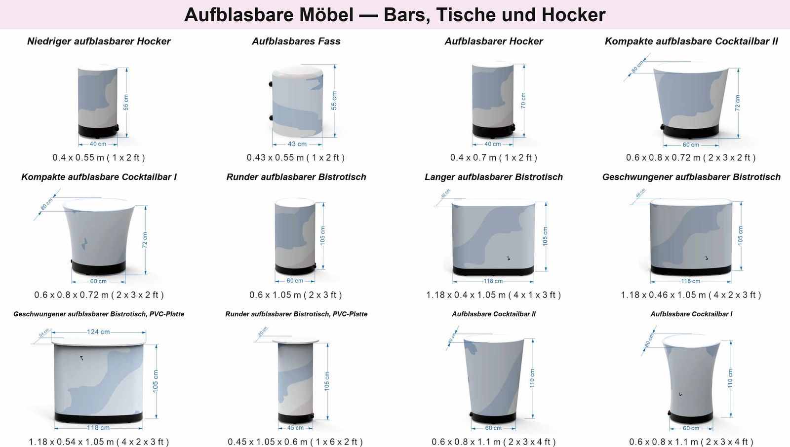 Abmessungstabelle für das Hallucine-Inflatable-Möbel: Hocker, Fässer, Cocktailbars und Bistrotische, Maße in Zentimetern
