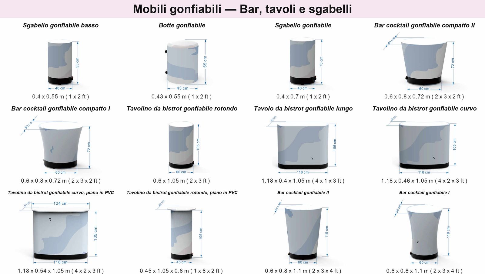 Scheda delle dimensioni dei mobili gonfiabili Hallucine: sgabelli, botte, bar da cocktail e tavoli bistrot, misure in centimetri