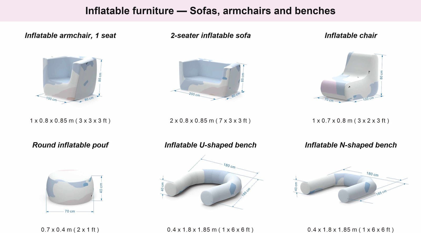 Hallucine inflatable seating dimensions chart: armchair, 2-seater sofa, chair, round pouf, and U-shaped and N-shaped benches, dimensions in centimeters