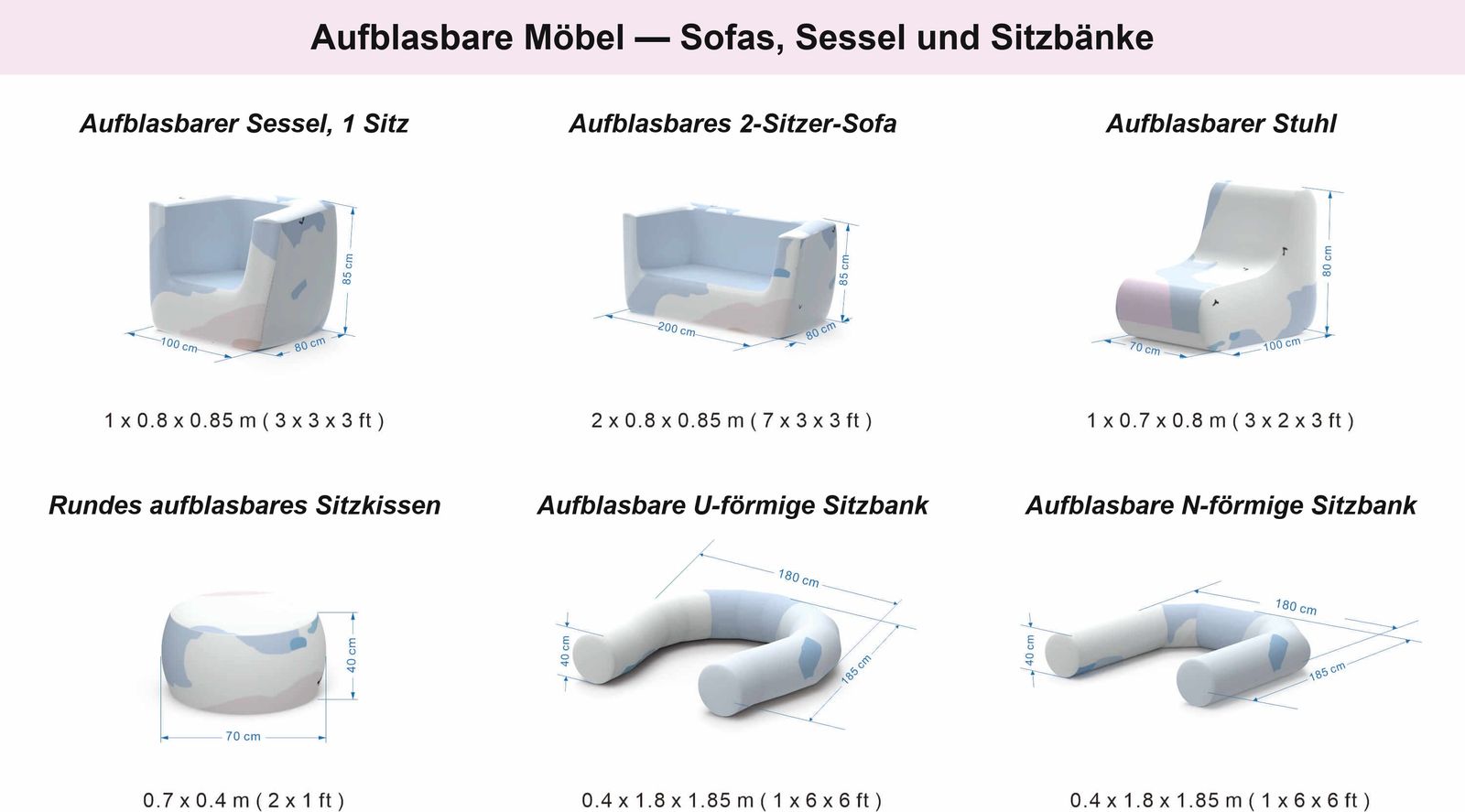 Abmessungstabelle der Hallucine-Sitzmöbel: Sessel, 2-Sitzer-Sofa, Stuhl, runder Pouf und U- und N-förmige Bänke, Maße in Zentimetern