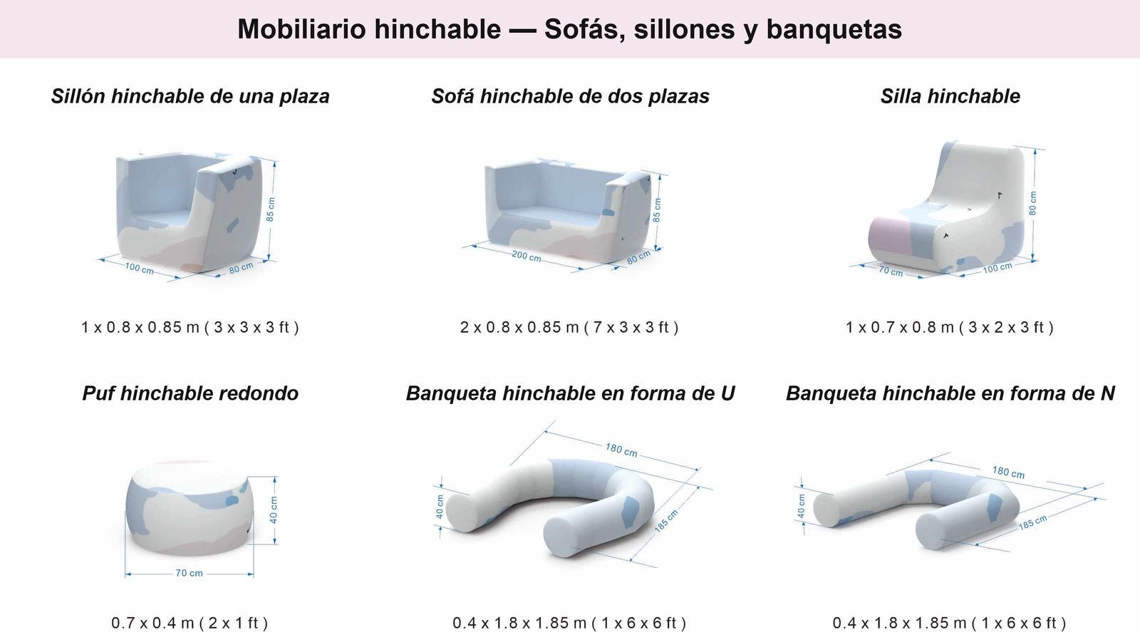 Tabla de dimensiones de los asientos inflables Hallucine: sillón, sofá de 2 plazas, silla, puff redondo y banquetas en U y en N, medidas en centímetros