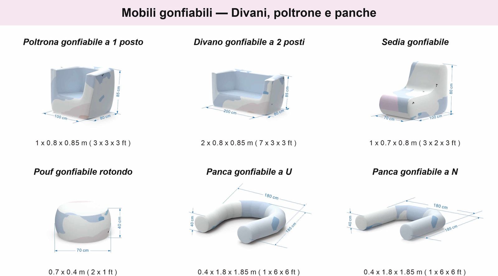 Scheda delle dimensioni delle sedute gonfiabili Hallucine: poltrona, divano a 2 posti, sedia, pouf rotondo e panche a U e a N, misure in centimetri