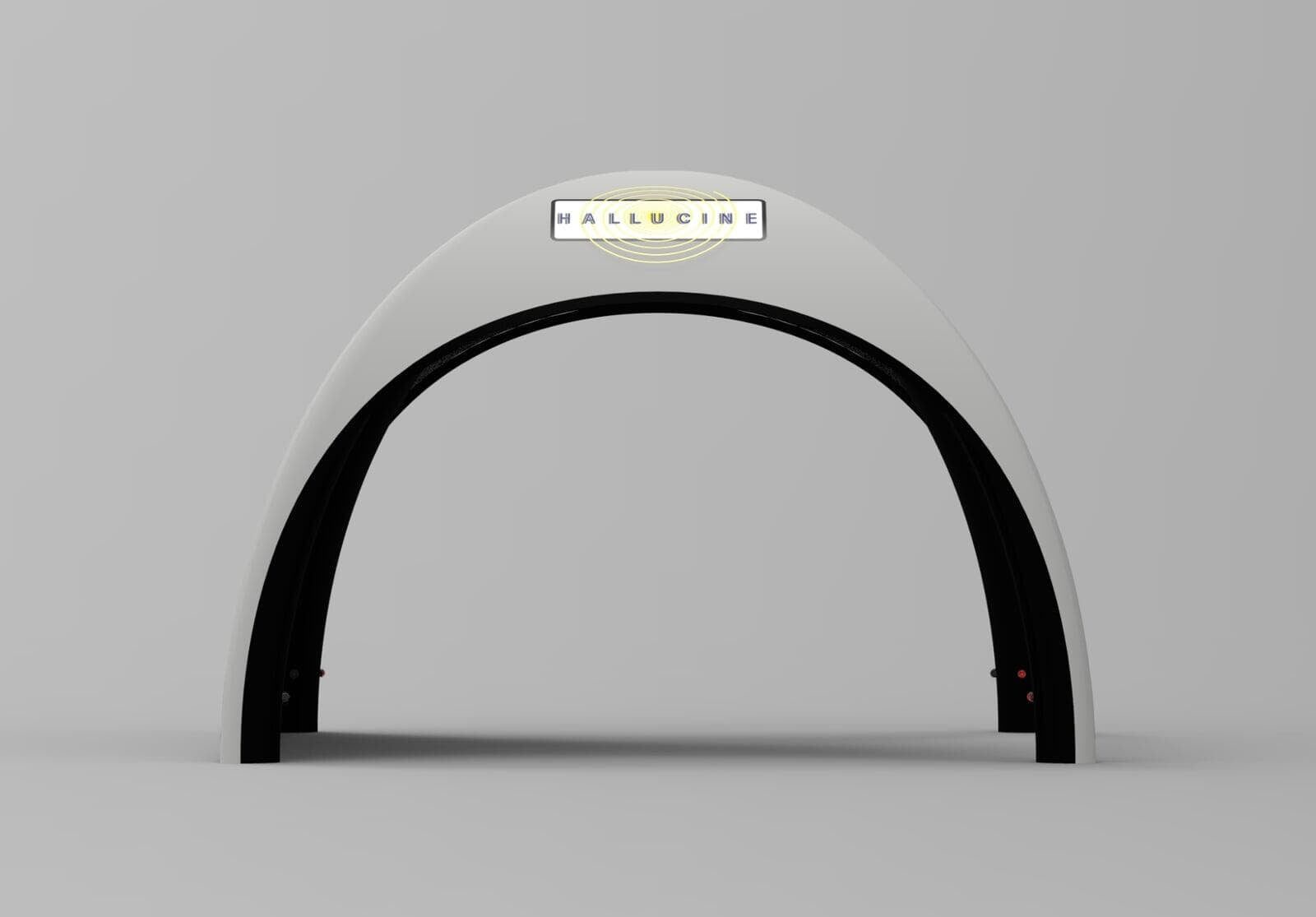 Rendu 3D d'une arche gonflable blanche à structure noire portant le logo Hallucine, présentée sur fond gris uni en studio.